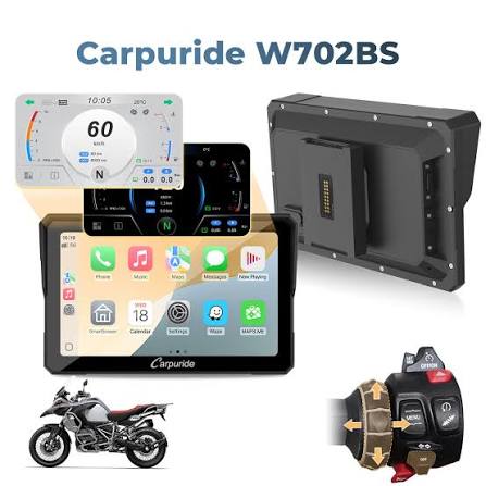 Pantalla Carpuride W702BS para motocicleta BMW con interfaz CarPlay, soporte trasero y control original del manillar